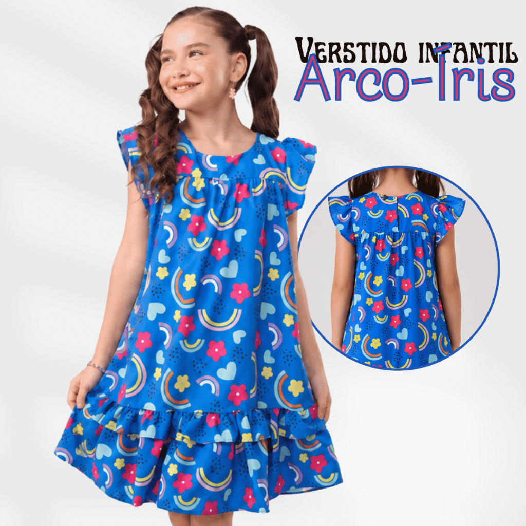 Vestido Infantil Menina Estampado Arco Íris e Flores Crepe Santorini Babado Caimento Soltinho Confortável Festa Passeio