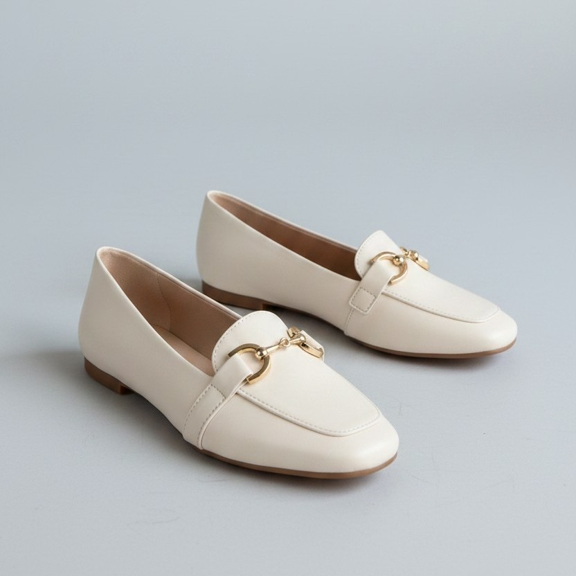 Sapatilha Mocassim Feminino Branco Bico Quadrado Confortável Elegante com Fivela Dourada Loafer Casual Chic Moderno
