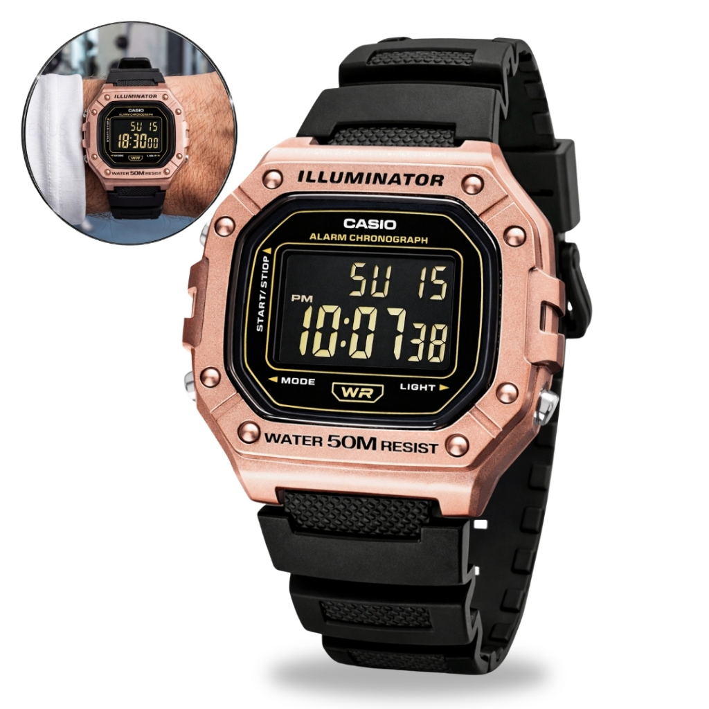Relógio Casio Masculino Digital Quadrado Esportivo Preto Rosé W-218HM Cronômetro