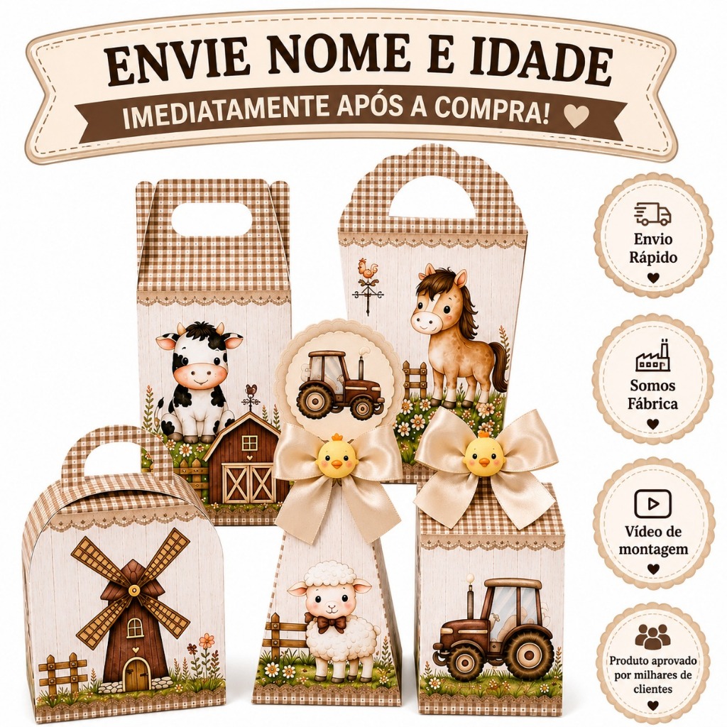 Kit de Caixinhas Personalizada no tema Fazendinha para Lembrancinhas de festa Infantil com 10 a 40 unidades