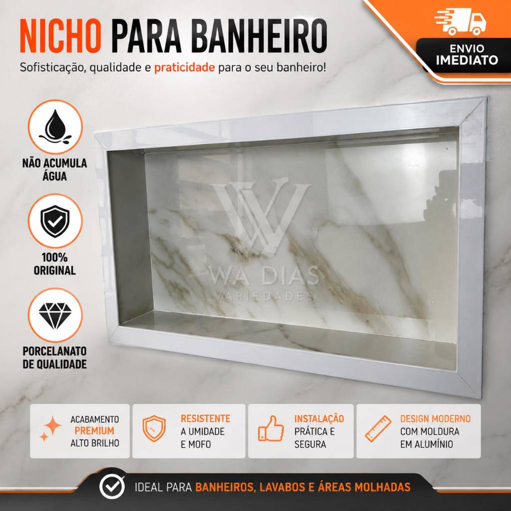 Nicho de Embutir em Porcelanato Branco e Marrom Dourado com Borda em Aluminio Branca ou Preta