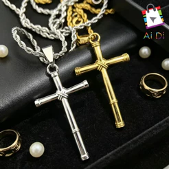 Cordão Casal com Cruz Esculpida – Joia Versátil em Aço 316L Dourado e Prateado