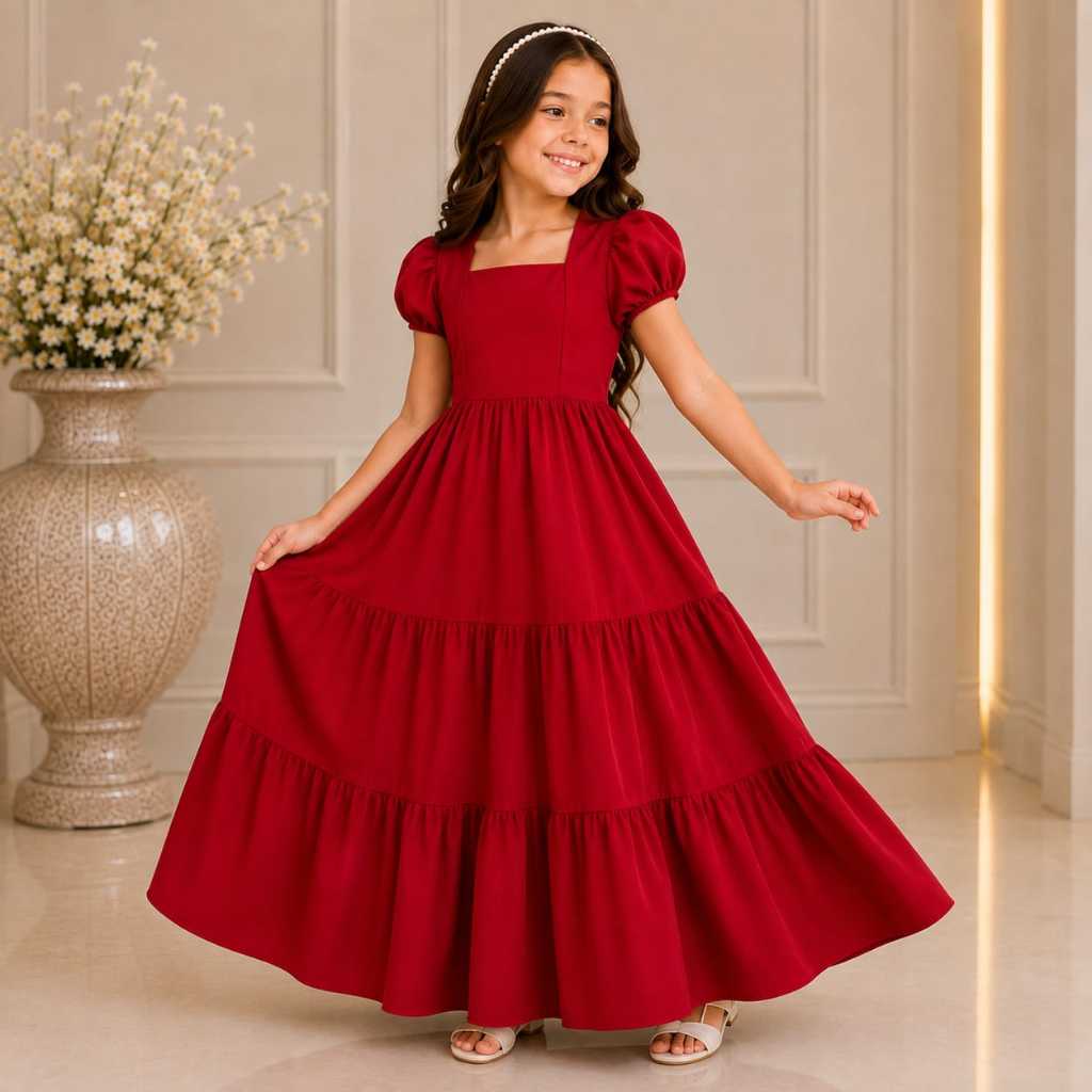 Vestido longo manguinha em tecido alfaiataria luxo para crianças e jovens adolescentes