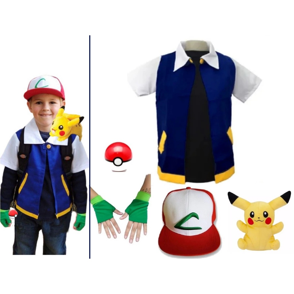 Fantasia Completa Ash Pokemon Colete + Boné + Luva + Pelucia Pikachu e Brinde mini Pokebola