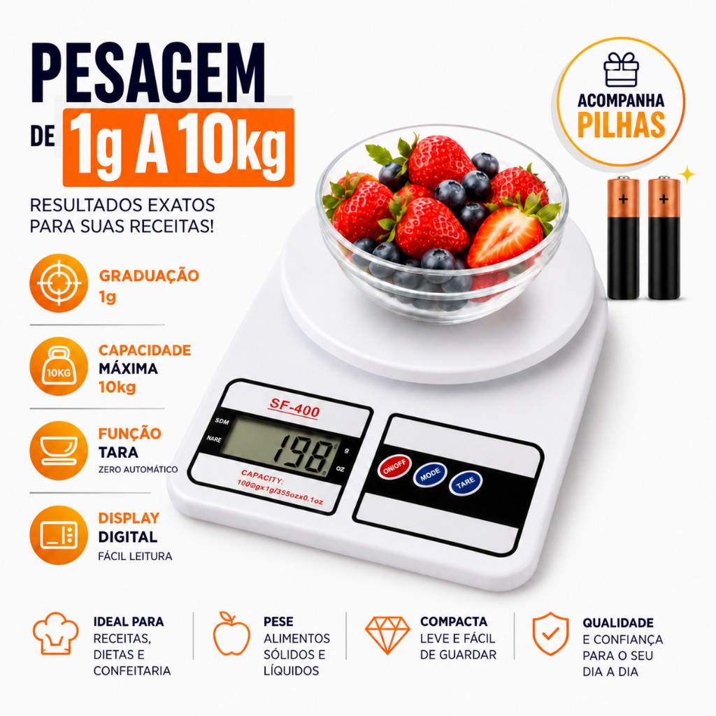 Balança Digital de Cozinha SF-400 10kg, Dieta e Confeitaria, Função Tara e Desligamento Automático, 2 Pilhas Inclusas