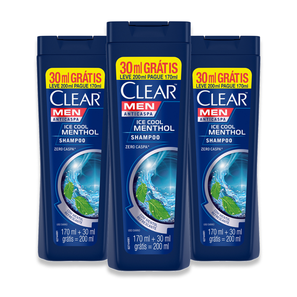 Kit 3un Shampoo Clear Men Anticaspa Ice Cool Menthol Com 200ml