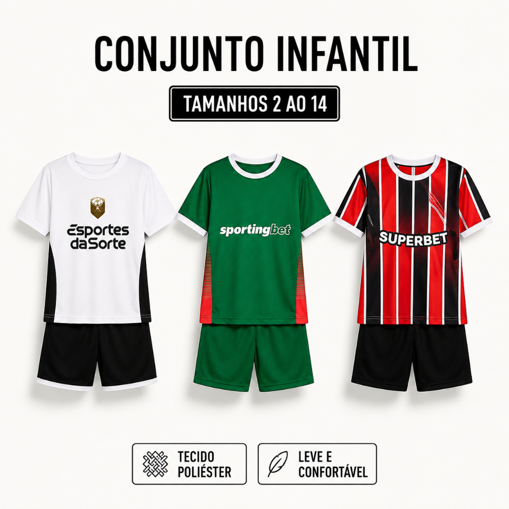 Conjunto Infantil Futebol Camisa e Shorts Uniforme Esportivo Menino Tamanho 2 ao 14 - Envio Imediato !!!