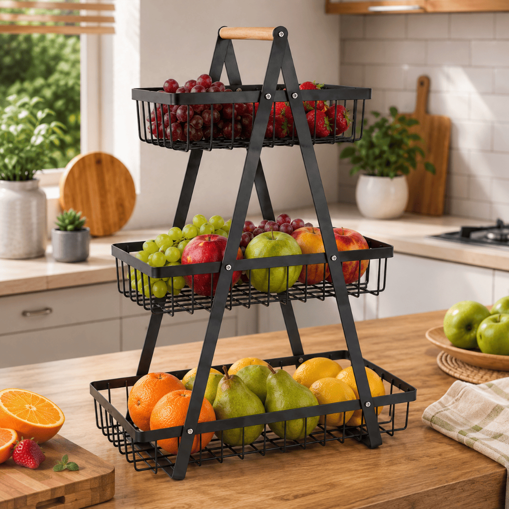 Fruteira 3 Andares de Mesa Média Premium Cesta Frutas de Mesa 50cm Aramado - Organizador Organiz