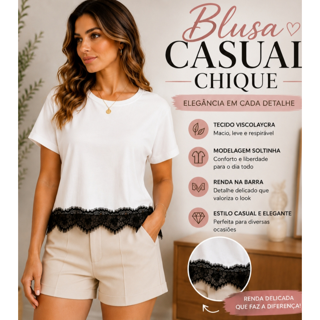 Blusa bata Feminina Viscolaycra Soltinha com Renda na Barra Casual