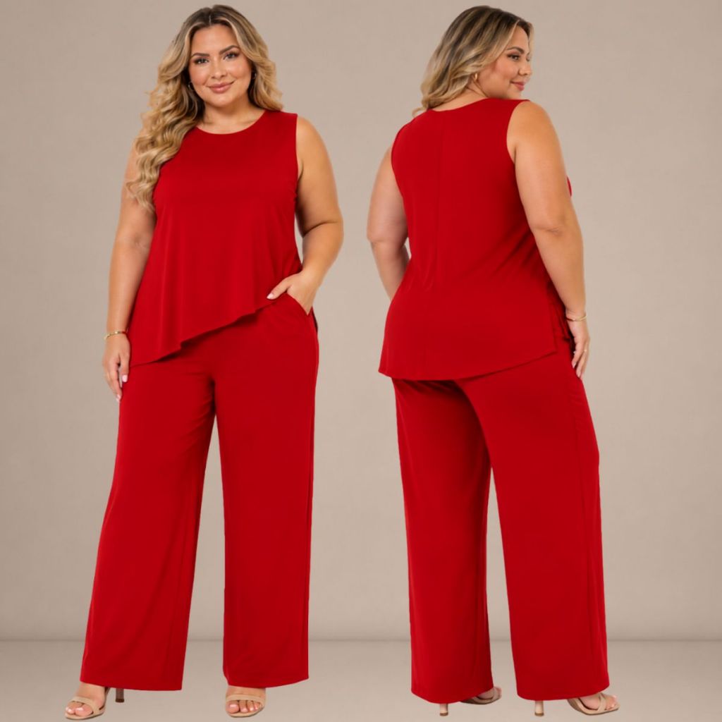 Conjunto Feminino Plus Size Calça Pantalona e Blusa Assimétrica Elegante Chic Casual Confortável Moda Maior Veste Bem.