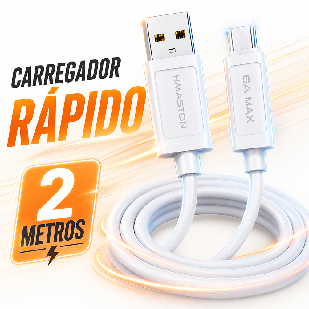 Cabo Carregador Turbo 6A H'Maston HB17 2 Metros USB Carregamento Rápido Reforçado para Android e iPhone