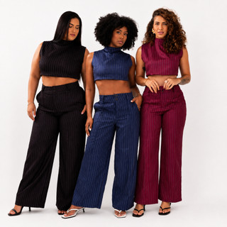 Conjunto Alfaiataria Social Feminino Calça Pantalona Cintura Alta e Cropped Listrado Plus Sise