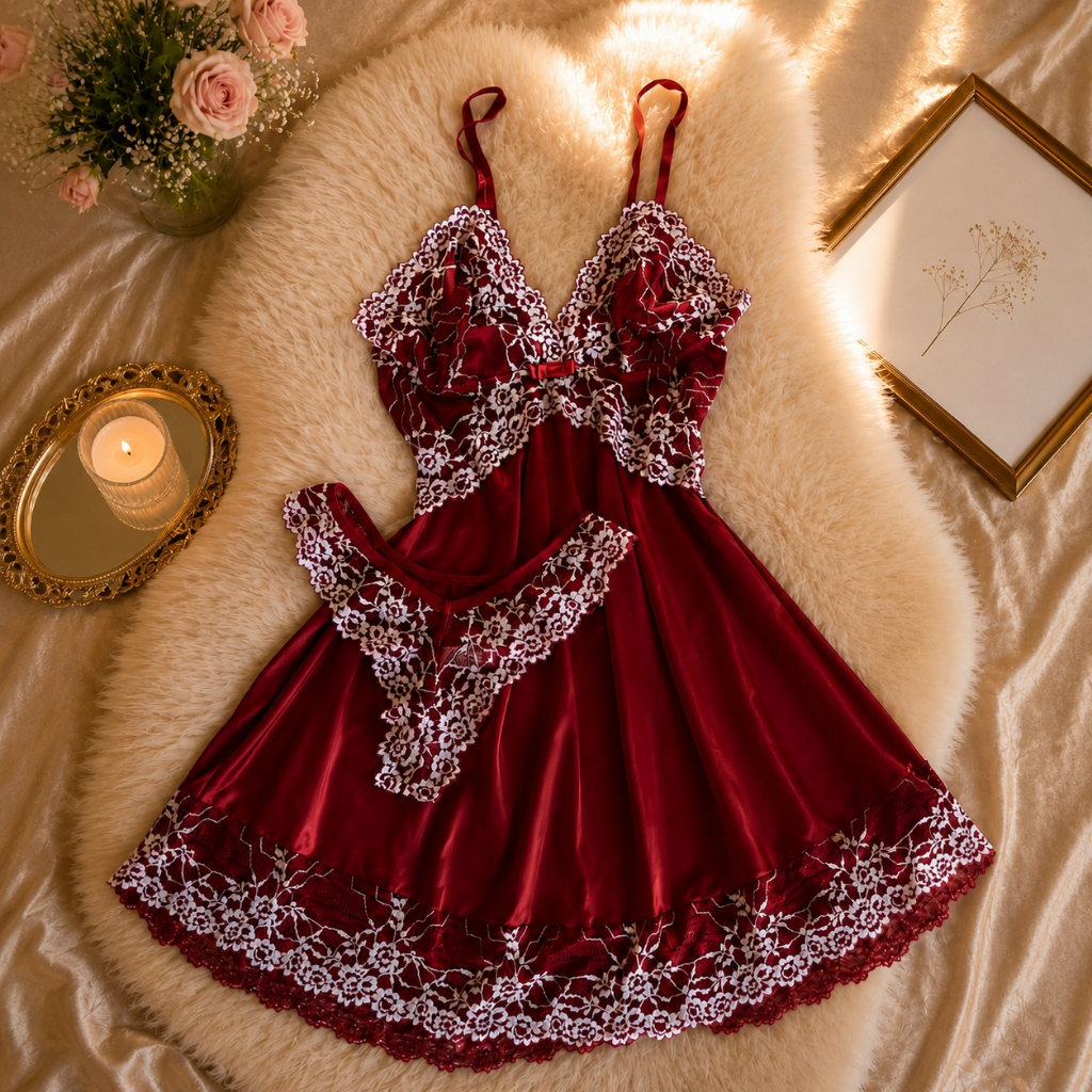 Camisola Sem Bojo Feminina em Liganete e Renda Com Alça Regulavél + Calcinha Fio de Renda