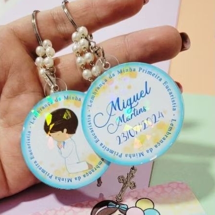 Batizado Lembrancinha Personalizada Chaveiro Acrílico c/Mini Terço Eucaristia
