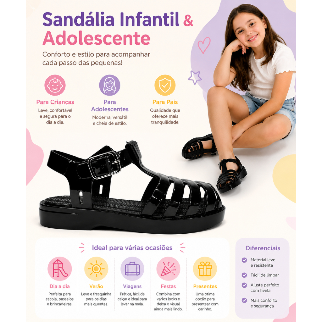Sandalia Sapatilha Papete Infantil Feminina Menina Confortável com Fivela Ajustável Verão