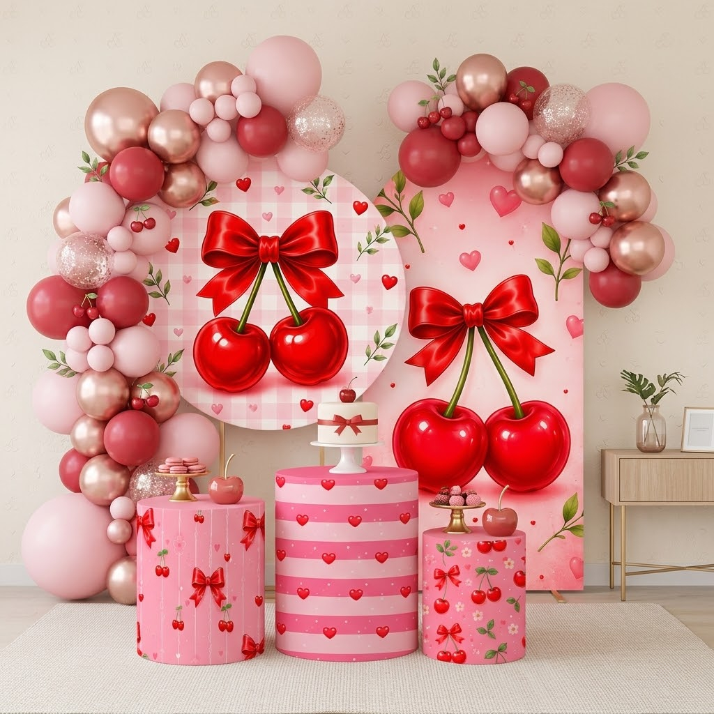 Capa Painel Redondo Trio Cilindros Decoração Festa Cerejas Cherry Coquette Cerejinha do Bolo Oferta