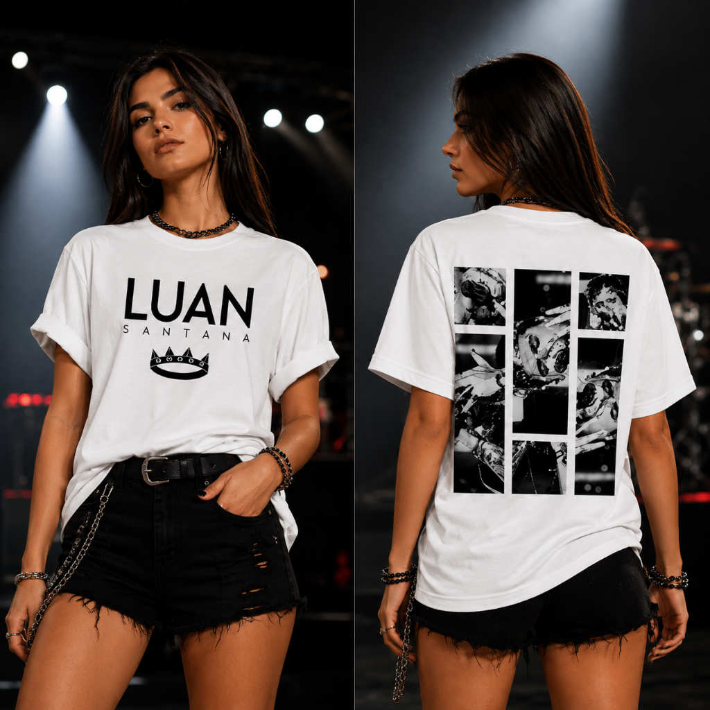 Camiseta Feminina Luan Santana Camisa 100% Algodão Estampada Frente e Costas Show Sertanejo Gola Redonda Fashion