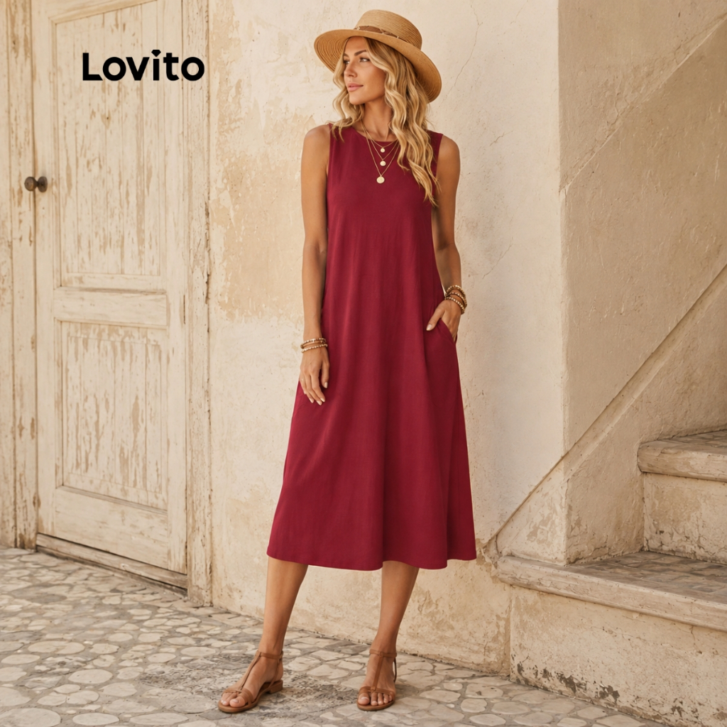 Lovito Vestido Casual Com Bolsos Amplo Lisa para Mulheres DRB619BRL649