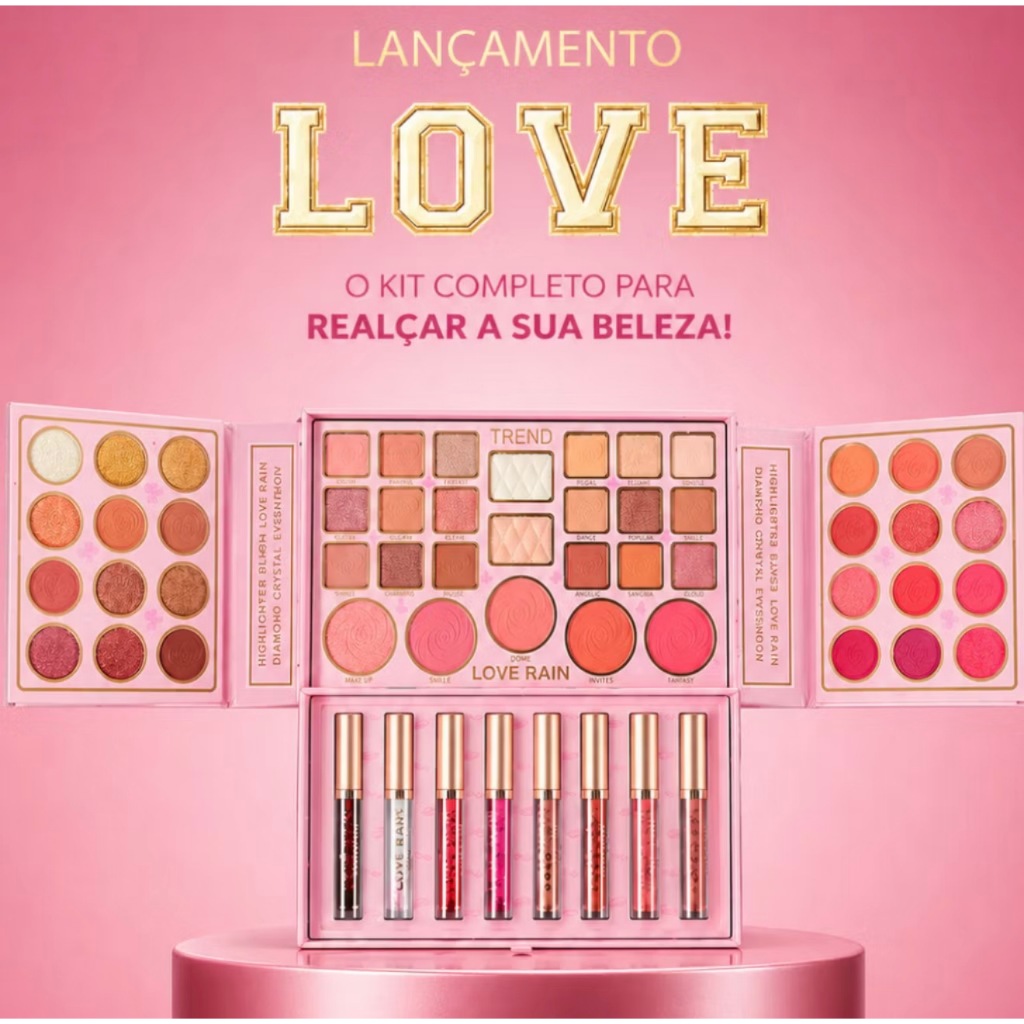 Kit Maquiagem Love Rain 49 Cores Sombra Blush Iluminador + 8 Gloss Labial Multifuncional Alta Pigmentação - LOVE RAIN