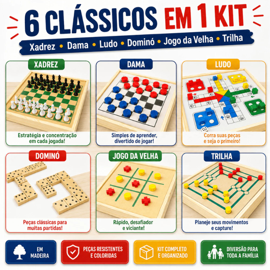 Jogos 6x1 Tabuleiros Xadrez, Dama, Jogo Da Velha, Ludo, Trilha, Dominó 6 em 1 Estojo Interativo