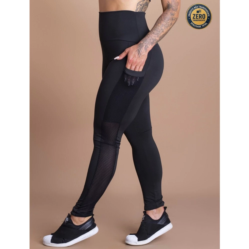 Calça Legging Cintura Alta Feminina Bolso Tela Lateral Academia Treino ZERO TRANSPARÊNCIA — imagem 1