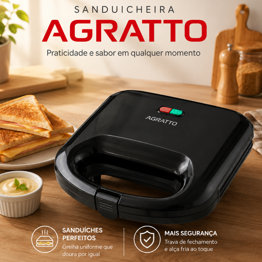 Sanduicheira Grill Elétrico Preto Antiderrapante 220V Sanduicheira Antiaderente Agratto