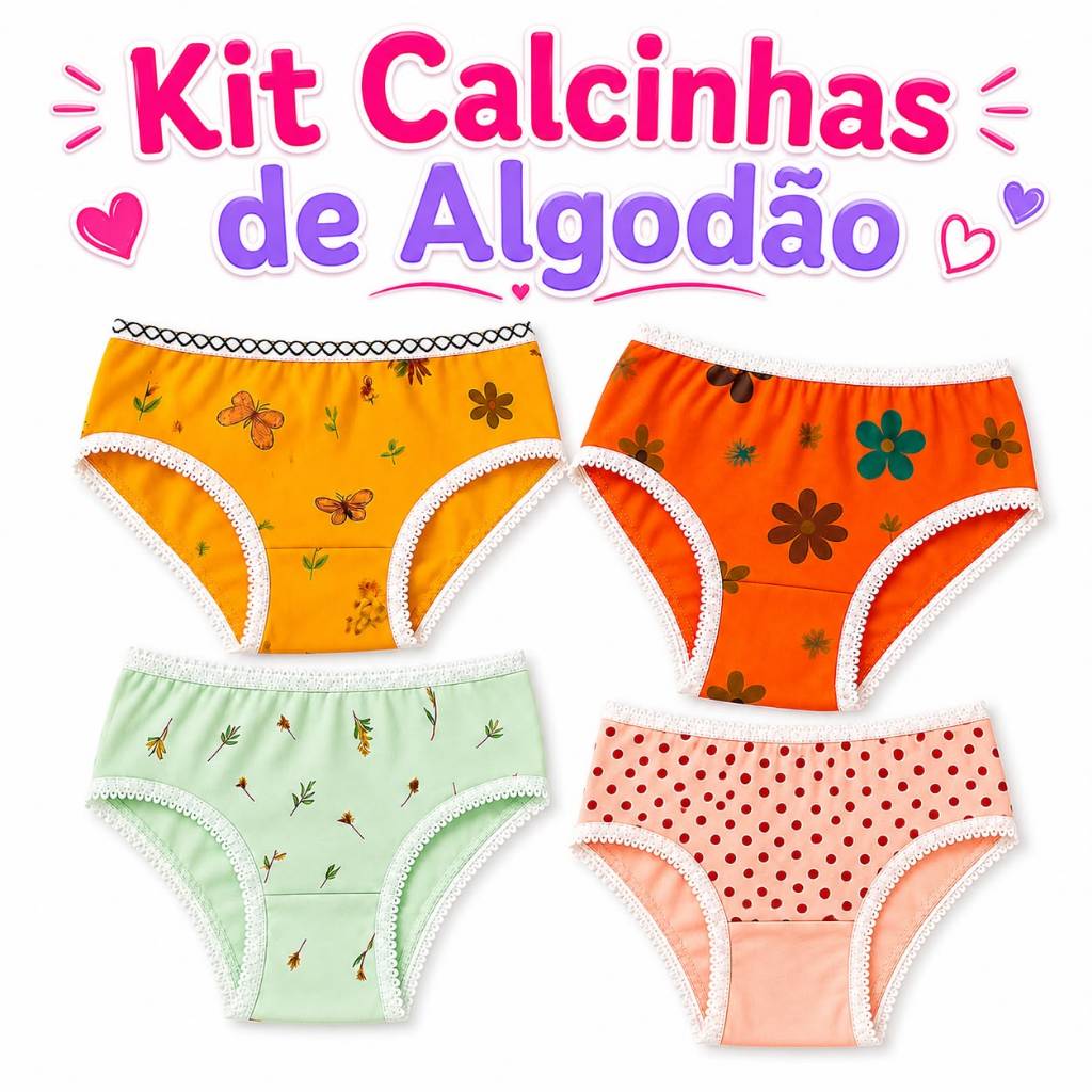 Kit Calcinhas Meninas Infantil 12 ou 6 Unidades de Algodão Confortável e Macias Estampas Coloridas