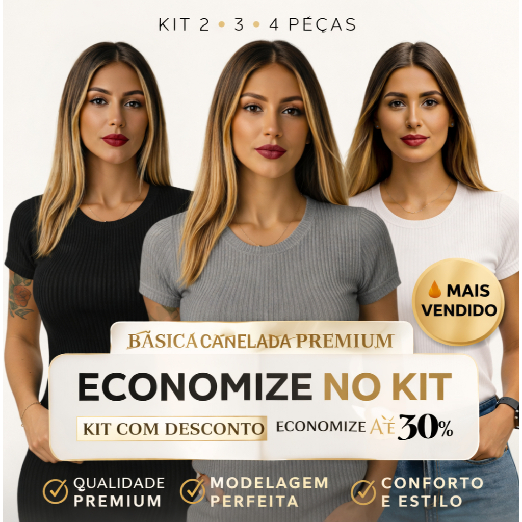 Kit Blusa Feminina Canelada Manga Curta Gola Redonda Básica Confortável Premium Cores Sortidas 2 3 4 Peças