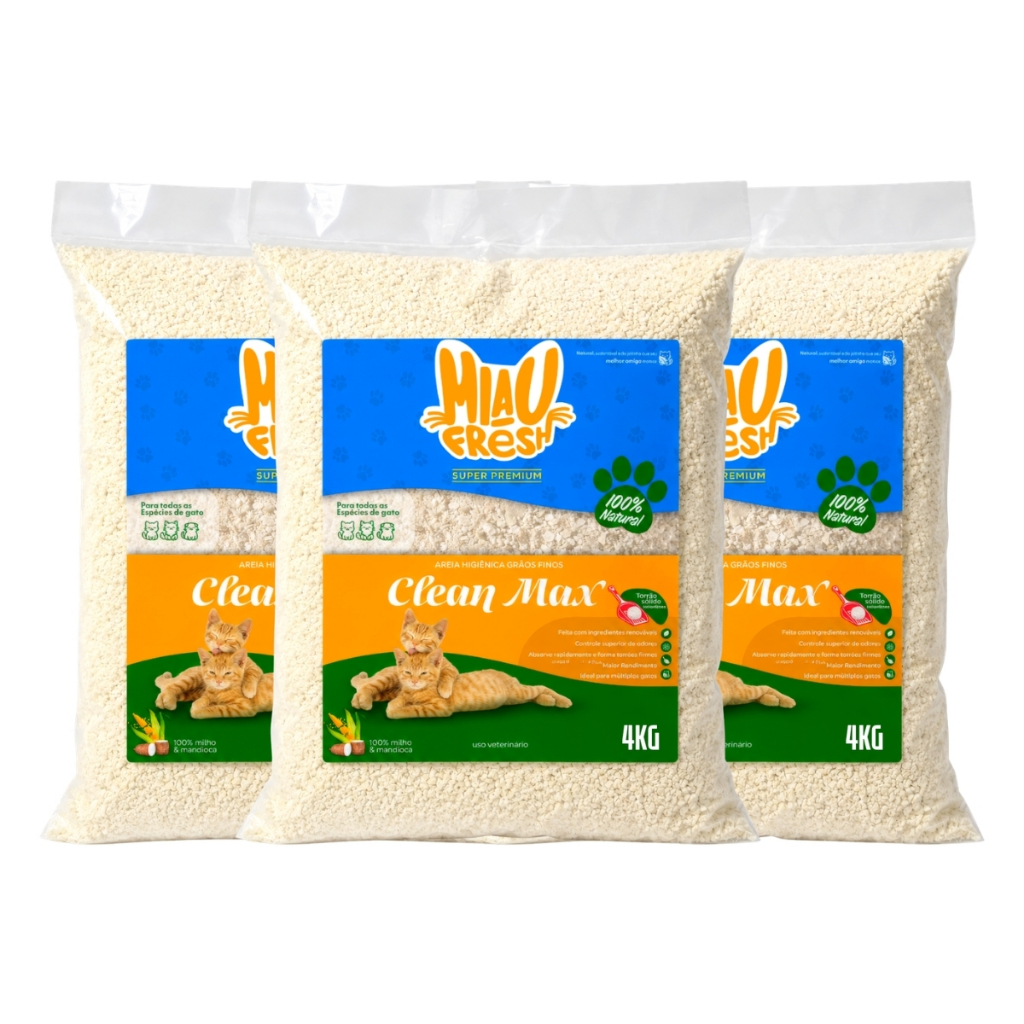 Kit 3 Areia Higiênica Miau Fresh Biodegradável 4Kg Mandioca E Milho P/ Gatos Controle De Odores Torrão - Variações