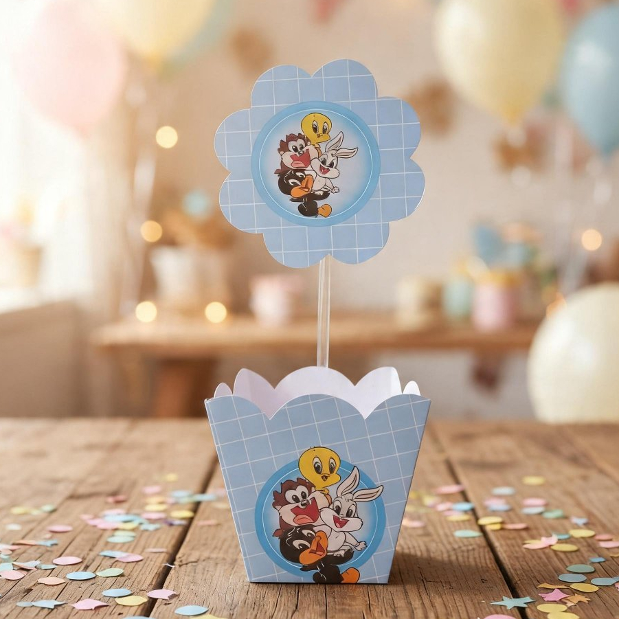 Cachepô Personalizado Baby Looney Tunes | Centro de Mesa para Festa Infantil | Decoração de Aniversário | Lembrancinha |