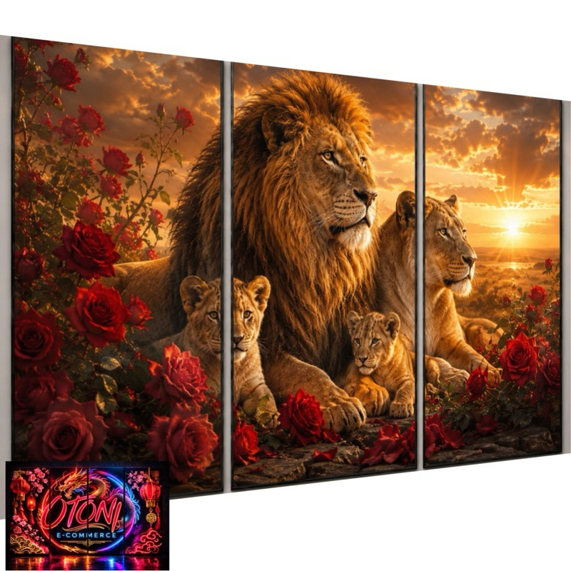 Quadros Decorativos Família Leão Religioso 3 Peças Decoração Sala Quarto Escritório Decoração