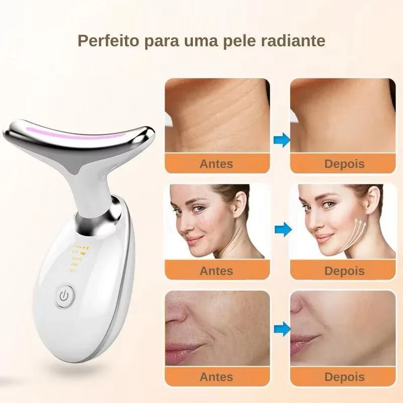 Massageador Facial e Pescoço LED com Fototerapia, Antirrugas Eficaz e Firmador, e Radiante 3 Cores Aleatorias. — imagem 2 de 2