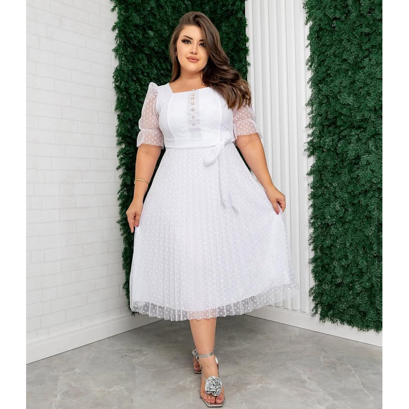 Vestido Branco Plus Size Em Tule Bolinhas Feminino Mídi Casamento Botões Manga Curta Moda Evangélica Casual