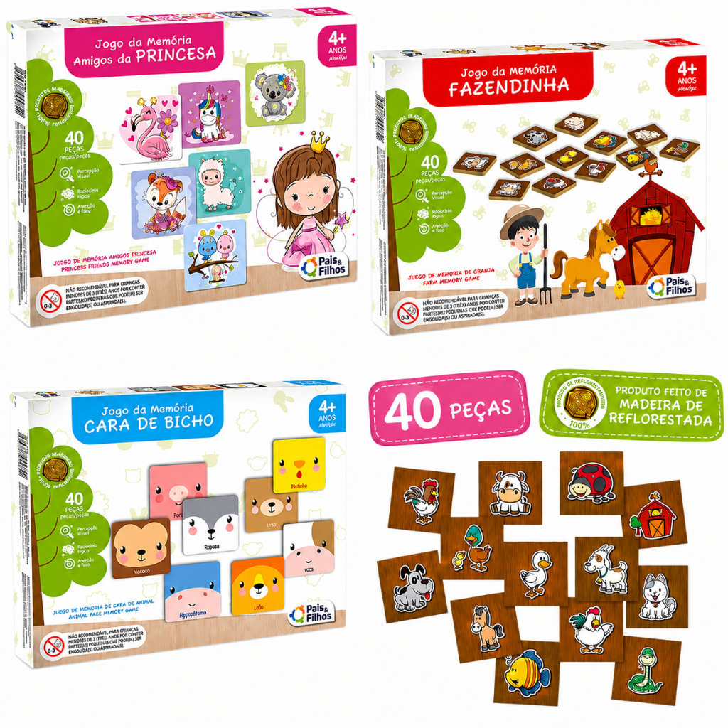 Jogo da Memória Infantil 40 Peças Madeira Brinquedo Educativo Didático