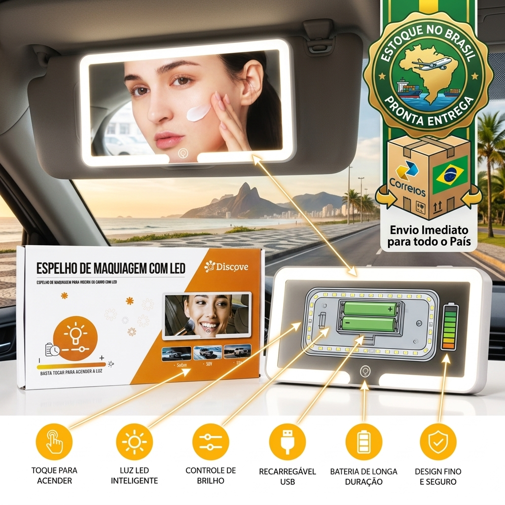 Espelho Retrovisor Com Led Para Carro Maquiagem Recarregável USB Quebra-Sol 3 Tons De Luz Portátil