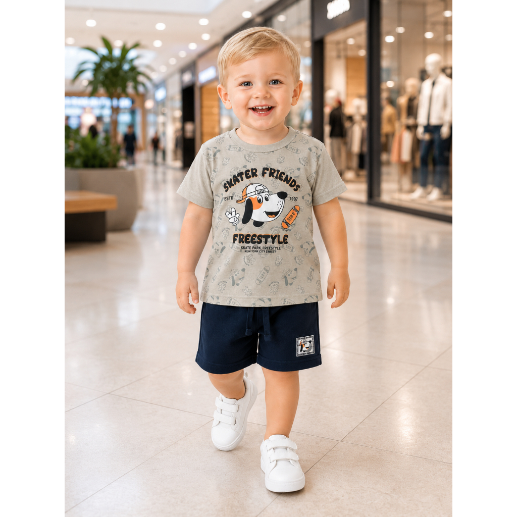 Conjunto Masculino Infantil Camiseta Estampa Frontal Shorts Com Patch Casual Confortável Kids 100% Algodão