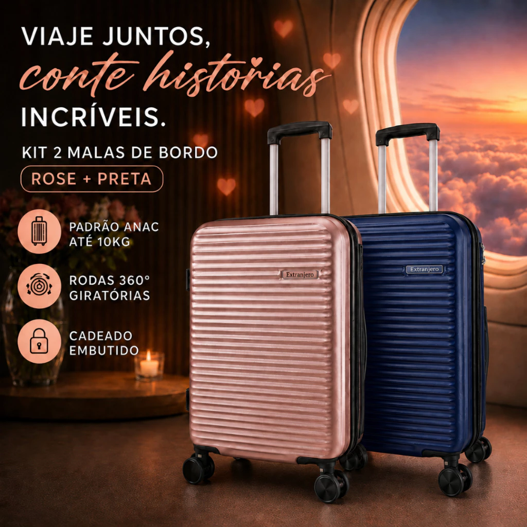 Kit Mala Casal 10kg Bordo pequena Cadeado TSA ABS Rodas 360° Removíveis