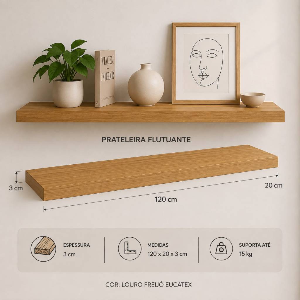 Prateleira Freijó 120x20 Grossa 30mm Suporte Invisível MDF