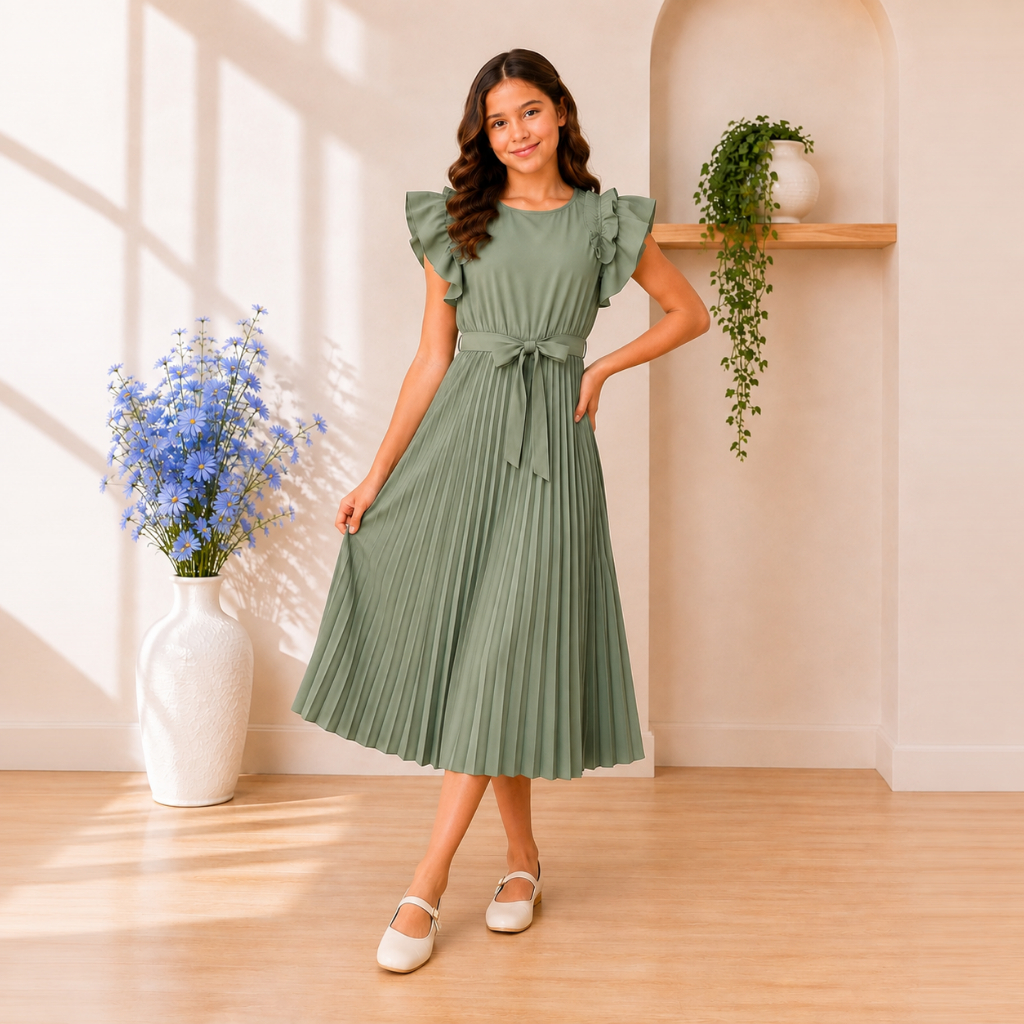 Vestido Infantil Juvenil Saia Plissada com Babado, para Festa Plissado com Manga Franzida e Cinto de Laço