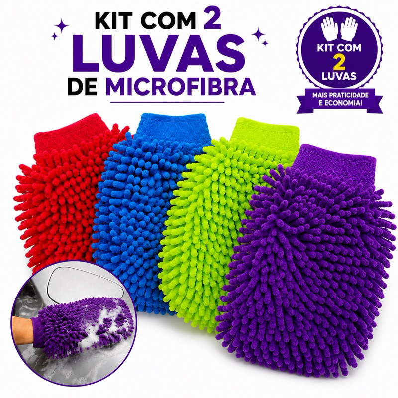 Kit Com 2 Luvas De Microfibra Grande 25x17 Não Risca a Pintura Para Lavar Carro Moto para Estetica Limpeza Automotiva
