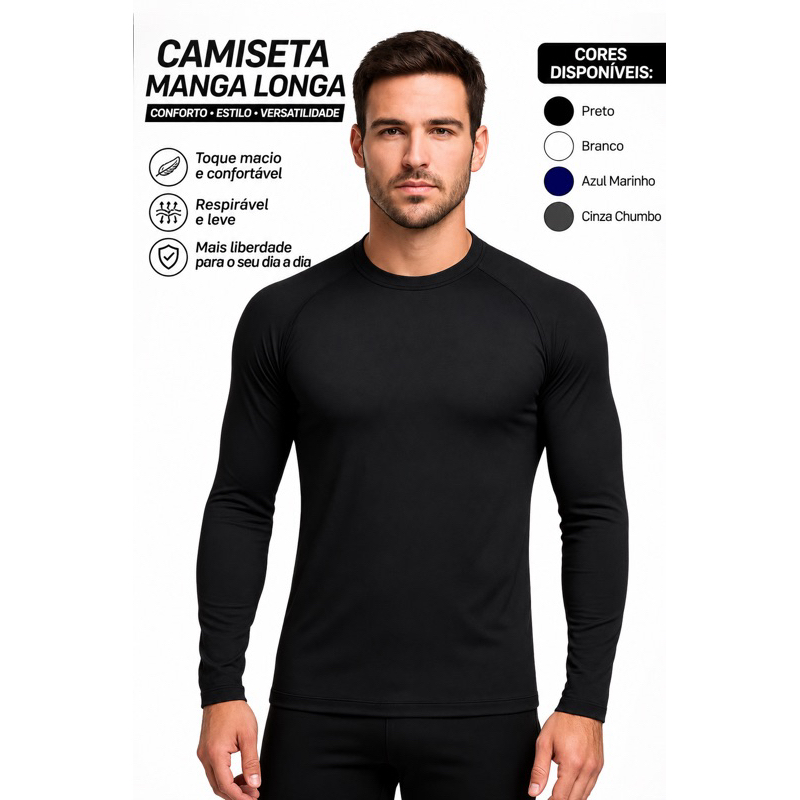 Camiseta Masculina Manga Longa Básica Slim Fit  Confortável Blusa Masculina Casual Inverno Academia Fitness Proteção UV