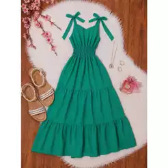 Vestido Feminino longo juvenil Estampado com Alça de Amarrar e 3 Marias