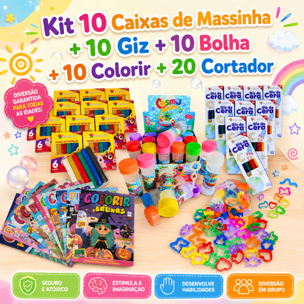 Kit 10 Massinha Modelar + 10 Bolha Sabão + 10 Giz Cera + 20 Corta + 10 Colorir Lembrancinha Infantil