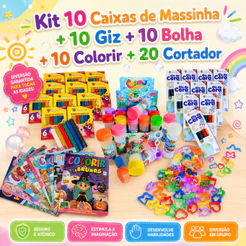 Kit 10 Massinha Modelar + 10 Bolha Sabão + 10 Giz Cera + 20 Corta + 10 Colorir Lembrancinha Infantil