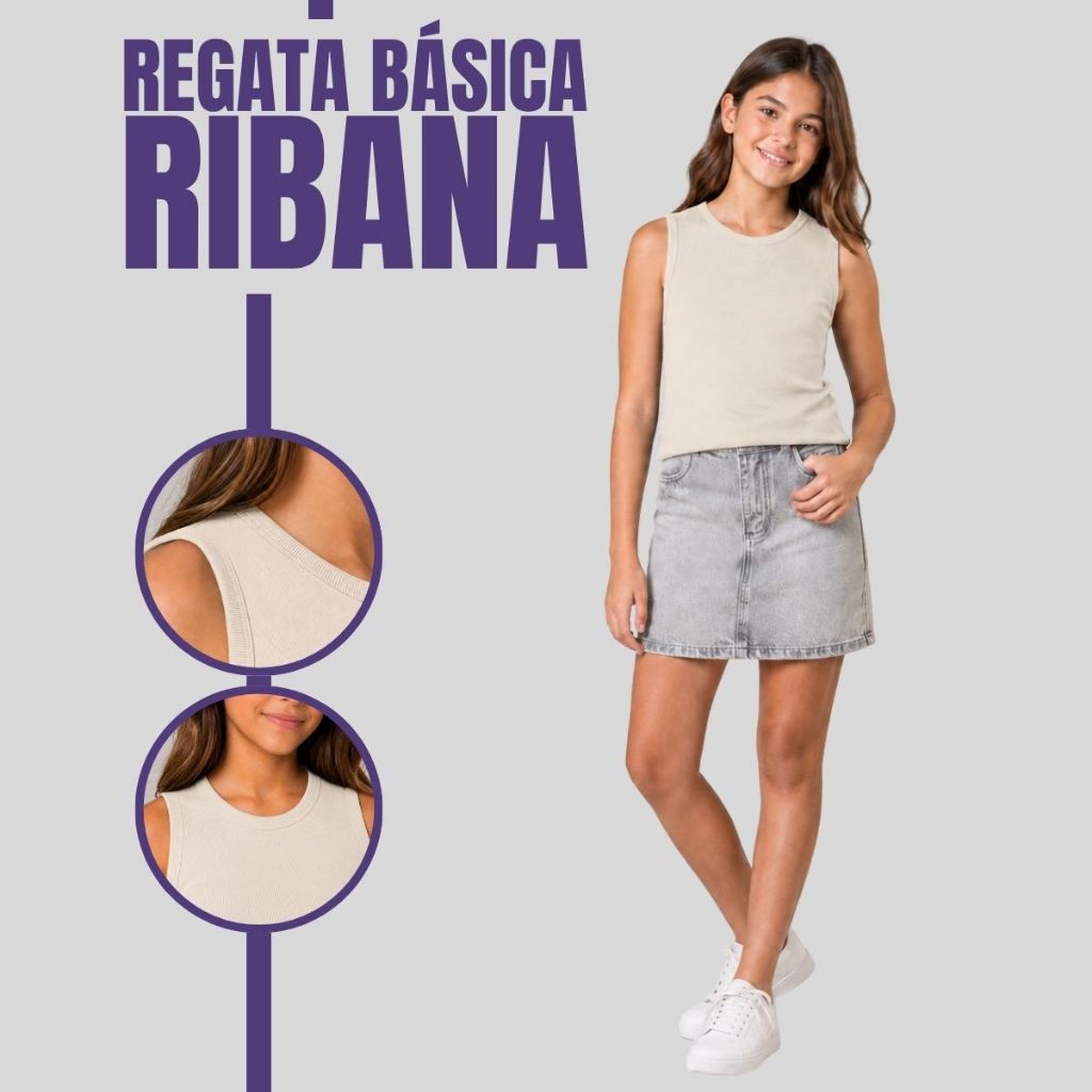 Regata Juvenil Feminina Canelada Básica Ribana Várias Cores Do 12 Ao 16 26230-A