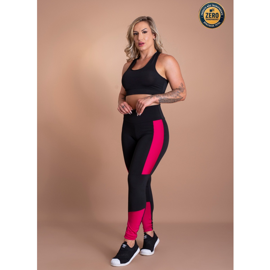 Conjunto Fitness Feminino Calça Legging Cintura Alta Faixa Lateral E Top Nadador Liso Básico Academia ZERO TRANSPARÊNCIA