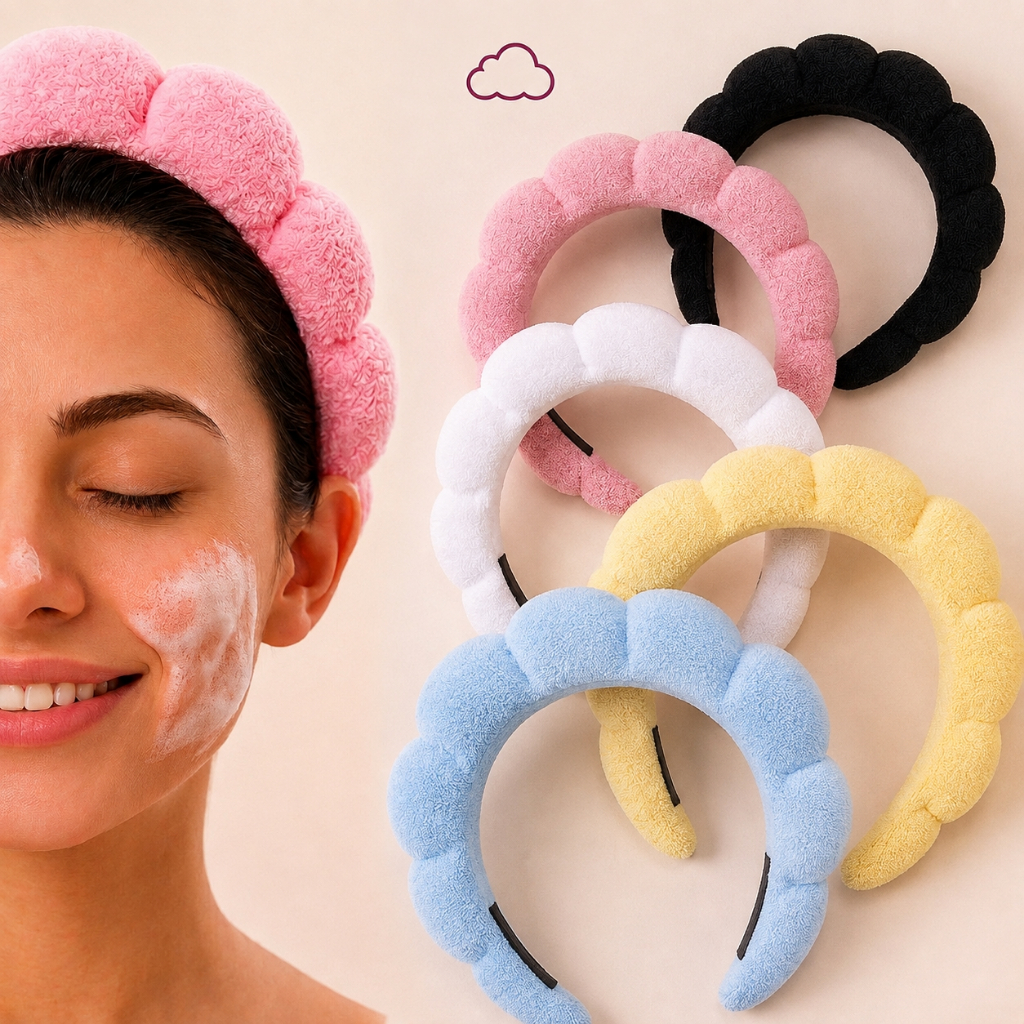 Tiara Nuvem para Cabelo Faixa de Pelúcia para Skincare, Banho e Maquiagem - Várias Cores