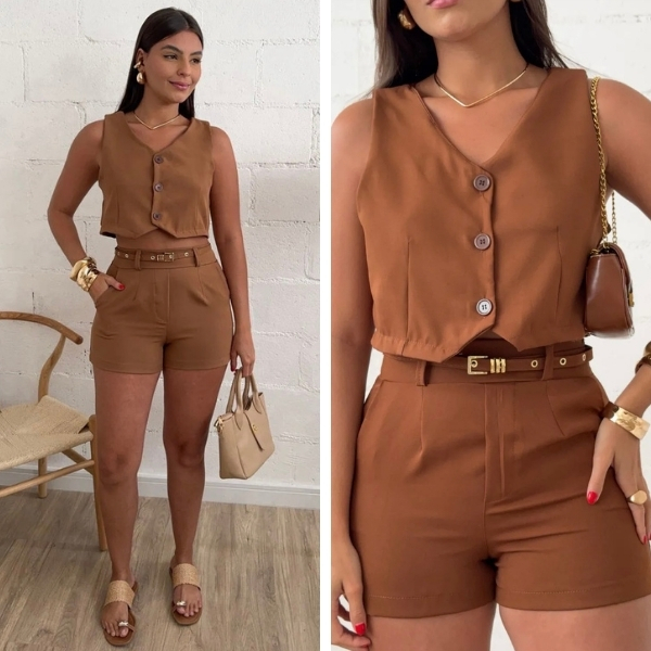 Conjunto Alfaiataria Colete Shorts com Cinto Elegante Social Executivo Casual Confortável Versátil