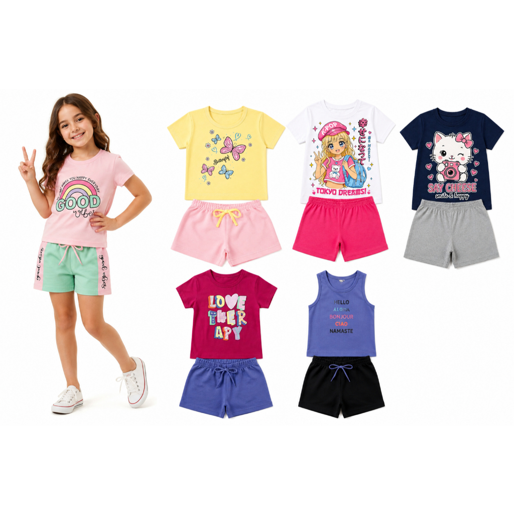 Conjunto Infantil Menina Sortido Kit 6 Conjuntos Verão Blusas e Regatas com Shorts 12 Peças Roupa menina