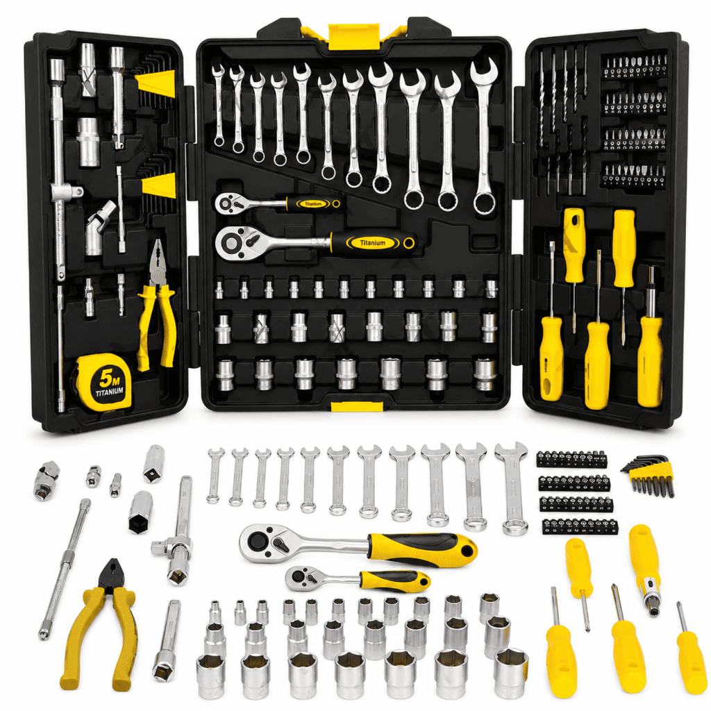 Kit Jogo de Ferramentas 128 Peças Aço Cromo Vanádio CR-V com Maleta Profissional Titanium Platina